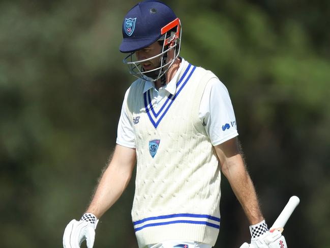 SYDNEY, AUSTRALIA - OCTOBER 05: Kurtis Patterson of New South Wales looks dejected while leaving the field after being dismissed by Michael Neser of Queensland during the Sheffield Shield match between New South Wales and Queensland at Cricket Central, on October 05, 2023, in Sydney, Australia. (Photo by Mike Owen/Getty Images)
