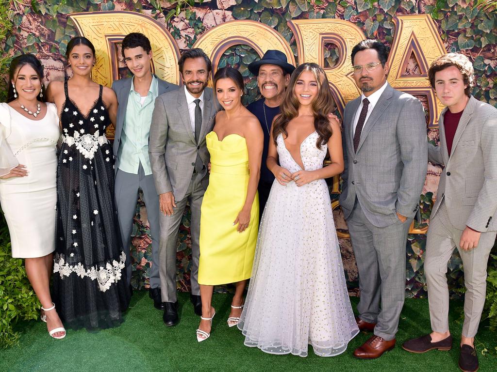 Cast members (from left) Q'orianka Kilcher, Madeleine Madden, Jeff Wahlberg, Eugenio Derbez, Eva Longoria, Danny Trejo, Isabela Moner, Michael Peña and Nicholas Coombe at the world premiere of the Queensland-filmed Dora and the Lost City of Gold at Regal LA cinemas. Picture: Matt Winkelmeyer/Getty Images/AFP