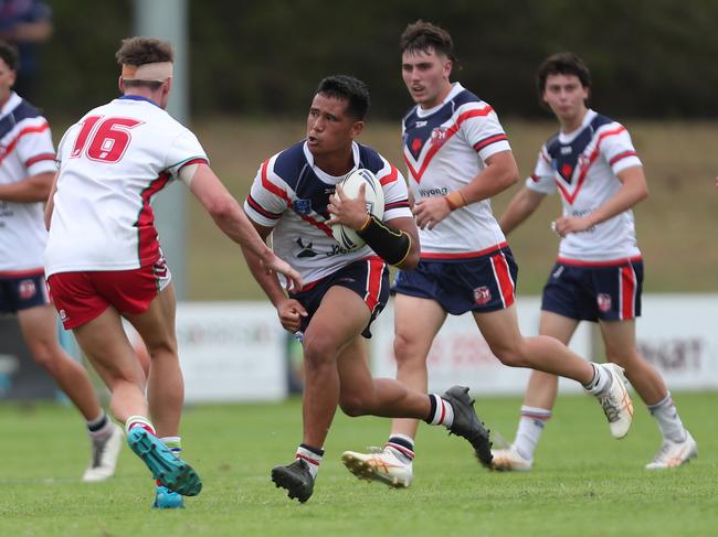 Josiah Fesolai on attack.  Picture: Sue Graham. Laurie Daley Cup round one, Central Coast Roosters vs Monaro Colts at Morry Breen Oval, 3 February 2024