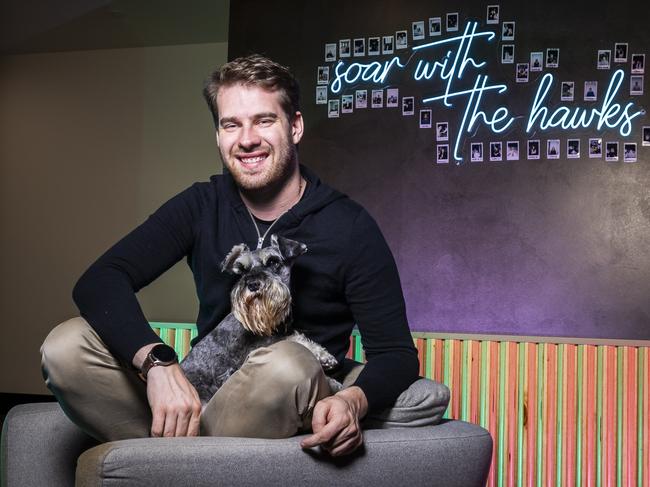 Harry Sanders who built multimillion dollar SEO business Studiohawk with his dog Basil. Picture: Wayne Taylor