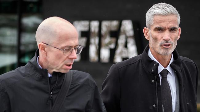 Brendan Schwab, left, with former Socceroo Craig Foster, is in the running to be the next chief executive of Football Federation of Australia Picture: AFP