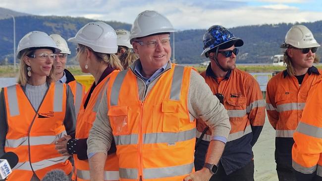 Premier Jeremy Rockliff with state and federal MPs and workers at the Bridgewater Bridge site on Monday, December 2, 2024.