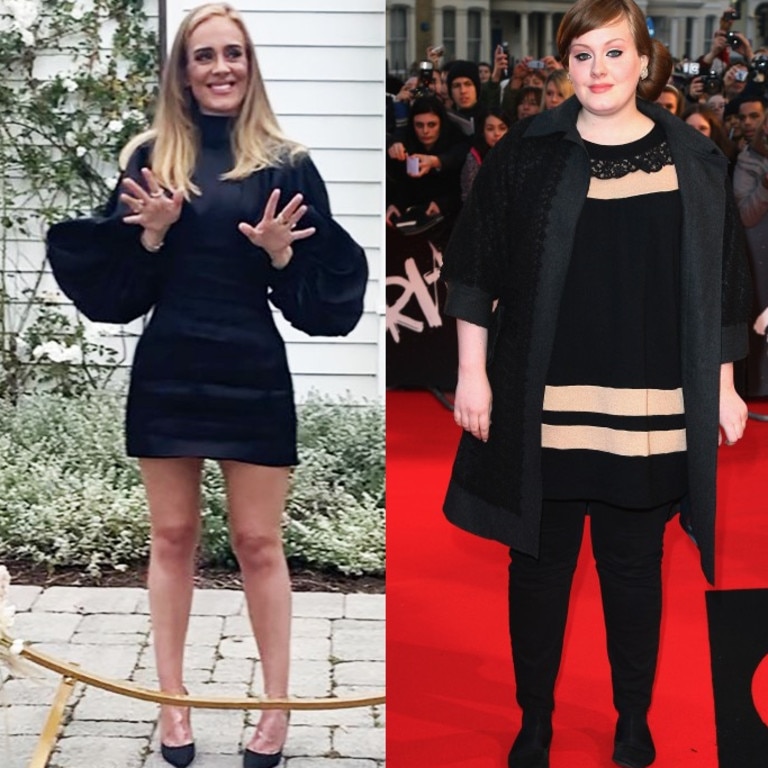 Adele in 2020, and before her weight loss in 2008. Picture: Instagram/Getty Images