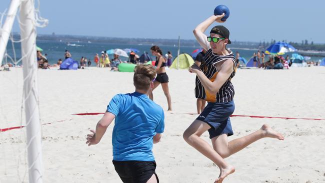 U20's player Lachlan Mclean takes part in a Junior Beach Handball Squad Training Camp at Brighton Beach, Brighton-Le-Sands. Picture: Craig Wilson