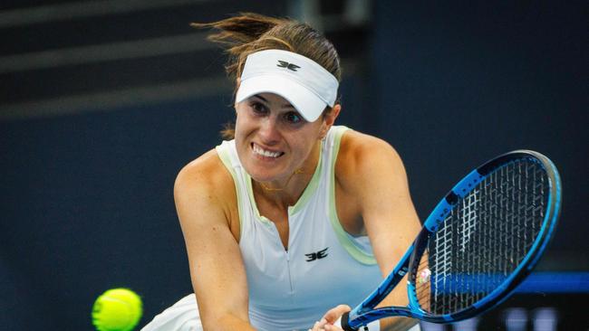 Australiaâs Kimberly Birrell hits a return during the womenâs singles quarter final match against Ukraineâs Anhelina Kalinina at the Brisbane International tennis tournament in Brisbane on January 3, 2025. (Photo by Patrick HAMILTON / AFP) / --IMAGE RESTRICTED TO EDITORIAL USE - STRICTLY NO COMMERCIAL USE--