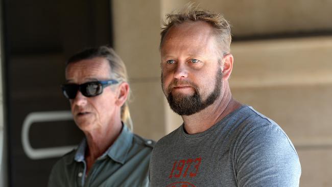 Salt Creek roadhouse owner Adam Stewart arrives with a supporter to give evidence on Wednesday. Picture: Greg Higgs