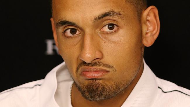 Nick Kyrgios faces the media after his implosion at the Australian Open. Picture: Wayne Ludbey