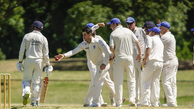 Tom Boxell celebrates a wicket with his Long Island teammates.