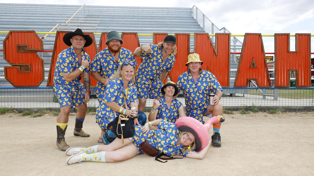 Wade McCarthy, Brad Carlson, Steve Sanders, Taryn Flanagan, Jodie Stewart, Gypsy Wright and Martin Flanagan at the Savannah in the Round music festival, held at Kerribee Park rodeo grounds, Mareeba. Picture: Brendan Radke