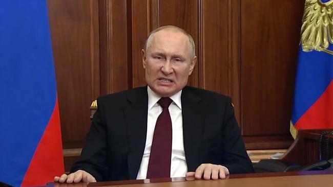 Russia President Vladimir Putin addresses the nation from Kremlin on Monday Feb 21, 2022.