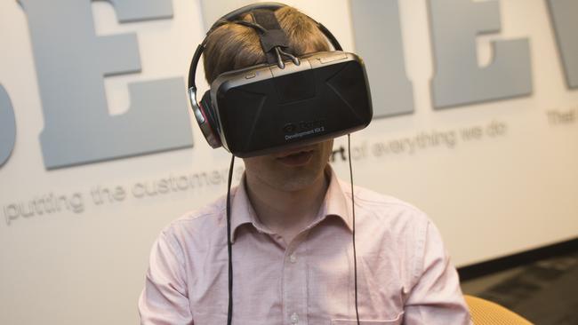 Pete Shand uses the Occulus Rift at a Commonwealth Bank hosted breakfast where the bank unveiled their new Innovation Lab at their Darling Harbour address.