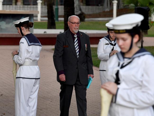 Dawn Service at Anzac Park for 83rd commemoration of Battle of Coral Sea. Townsville and District Sub Section of the Naval Association of Australia president Trevor Williams. Picture: Evan Morgan