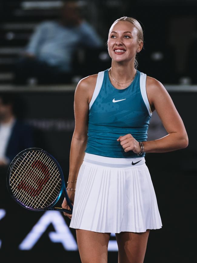 Anastasia Potapova celebrates winning a match at the Upper Austria Ladies Linz tournament. (Photo by Alexander Scheuber/Getty Images for MatchMaker)