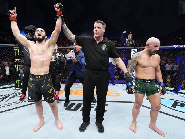 Makhachev is declared the winner of their first fight. Picture: Chris Unger/Zuffa LLC via Getty Images