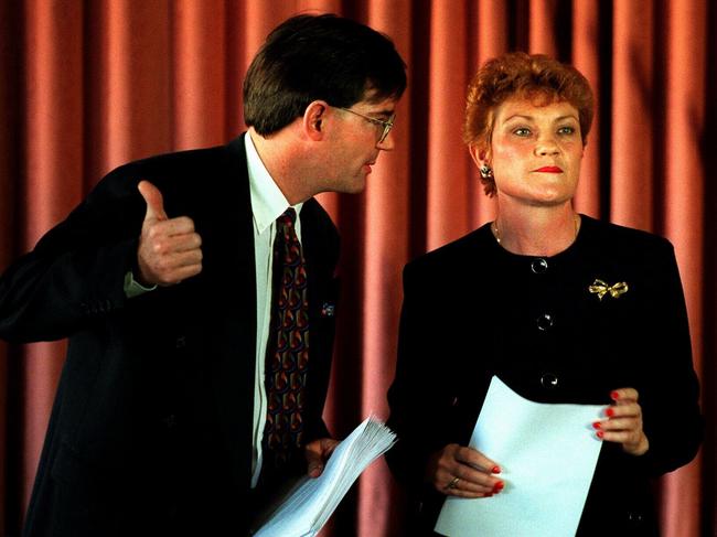 Pauline Hanson with her then adviser, David Oldfield, in August 1998. Picture: Brett Faulkner