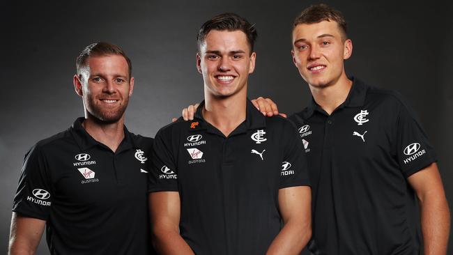 Carlton co-captains Sam Docherty and Patrick Cripps and welcome Brodie Kemp. Picture: Michael Klein