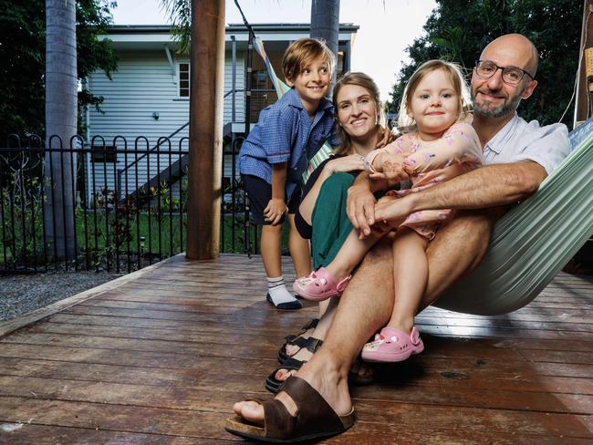 Leah Mosels and Clement Lege with their children Hugo, 7 and Olivia, 6 who are moving into the Whites Hill State College due to the French program. Picture Lachie Millard