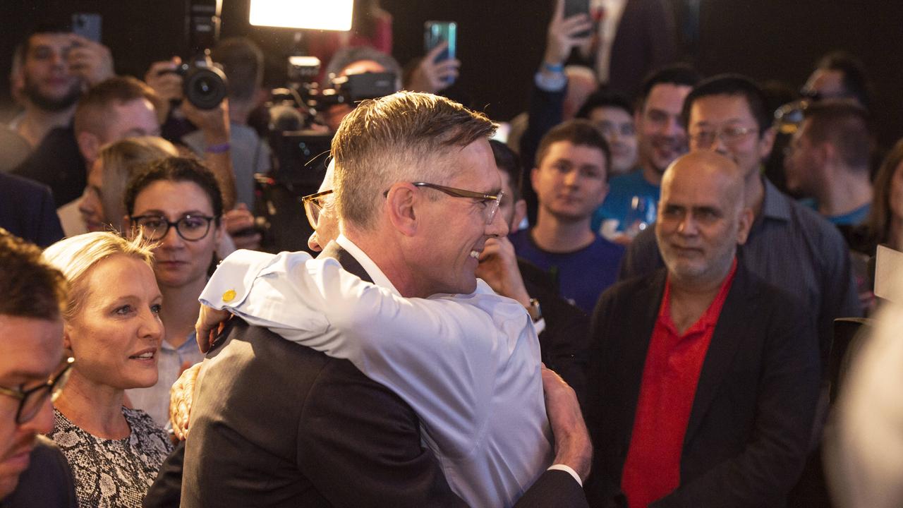 Dom hugs a supporter at the ballroom at the Hilton Hotel Sydney. Picture: NCA Newswire/ Monique Harmer