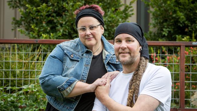 Eli Murn with wife Ali at their home in Mt Barker, SA. Eli was a rising volleyball star when he crashed his car into a tree in the Adelaide Hills in 2004 and 20 yrs on he continues to be challenged by mobility issues. Picture: Emma Brasier