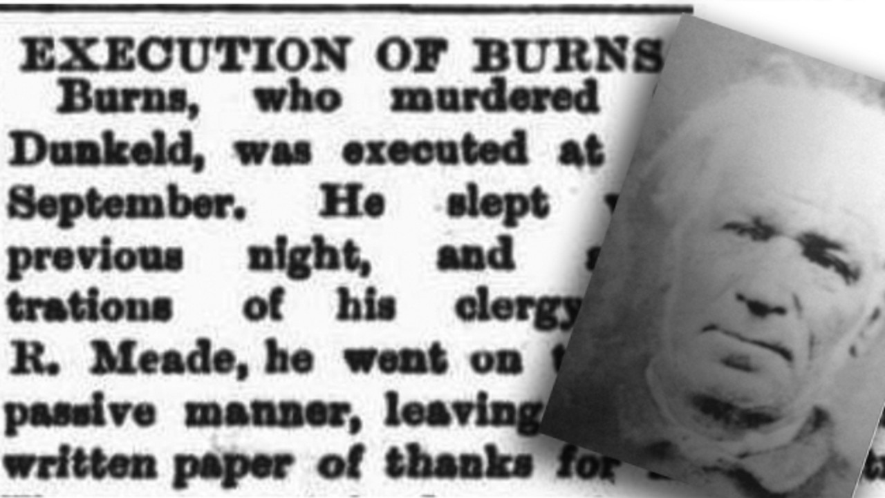 A news story on the execution of Burns from October 1883. Inset: Prison hangman Elijah Upjohn.