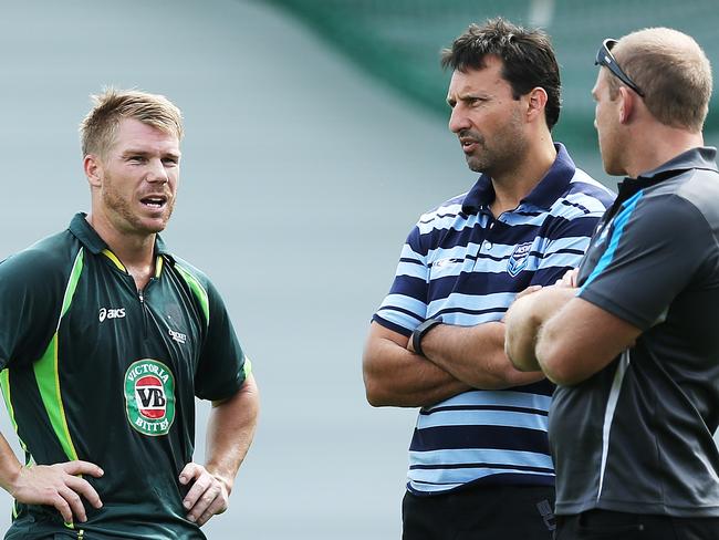 Darren Lehmann with NSW State of Origin coach Laurie Daley during training at the SCG ahead of the Semi Final against India. pic. Phil Hillyard