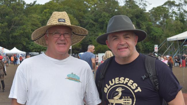 Ben from Sydney and his father Dennis, from Melbourne, were happy to see Anthony Albanese embrace the crowd at Bluesfest. Picture: Nicholas Rupolo.