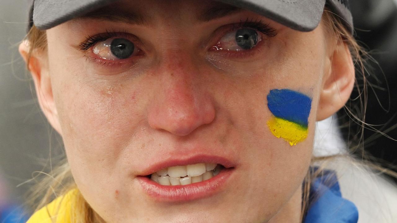 A woman cries during a rally in front of Ukrainian President Volodymyr Zelensky’s office in Kyiv. Picture: Sergei Supinsky/AFP