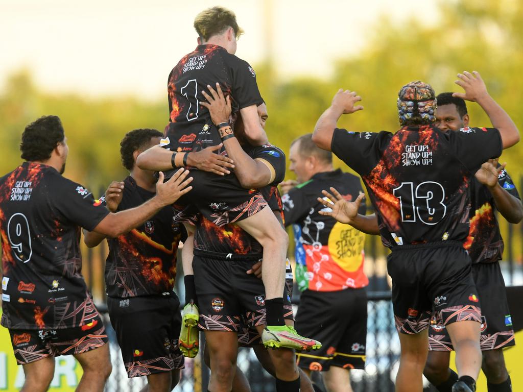 The Indigenous All Stars celebrate a try. Picture: (A)manda Parkinson