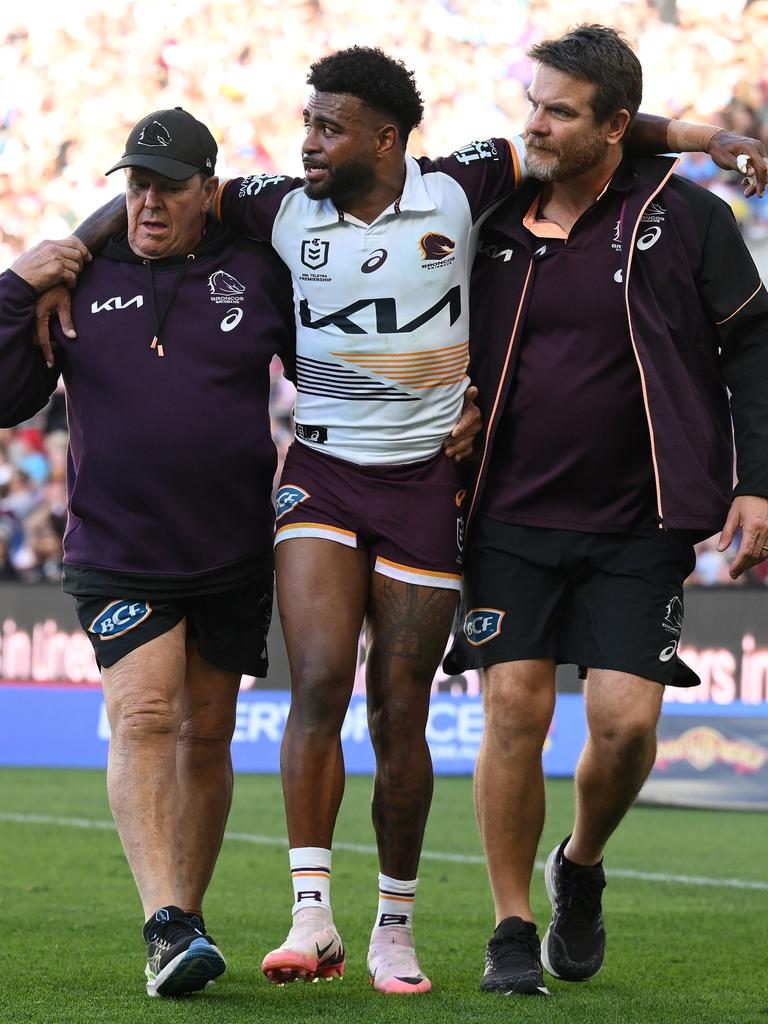 Ezra Mam is helped off the field against the Titans. Picture: Matt Roberts/Getty Images