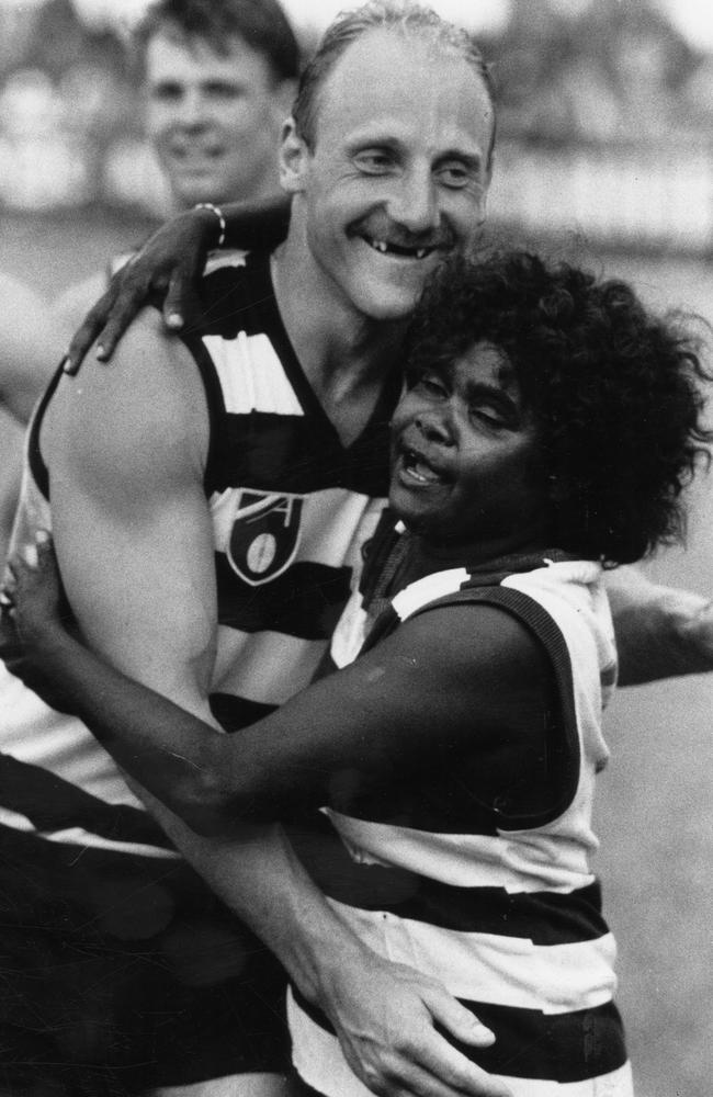 Gary Ablett Sr is grabbed by an overzealous fan in the three quarter break of the Northern Territory Football League vs. Geelong Cats exhibition match on January 25, 1992.