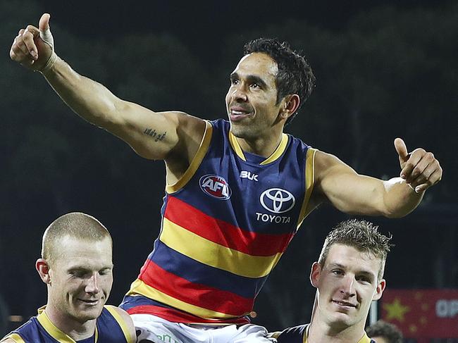 AFL - Showdown 41 - Port Adelaide v Adelaide Crows at Adelaide Oval. Eddie Betts gets chaired off in his 250th game by Sam Jacobs and Josh Jenkins. Picture Sarah Reed