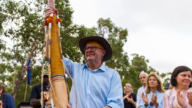 Prime Minister of Australia Anthony Albanese holds up Didjeridoo (Yidaki) during Garma Festival 2022 at Gulkula. Picture: Tamati Smith/Getty Images