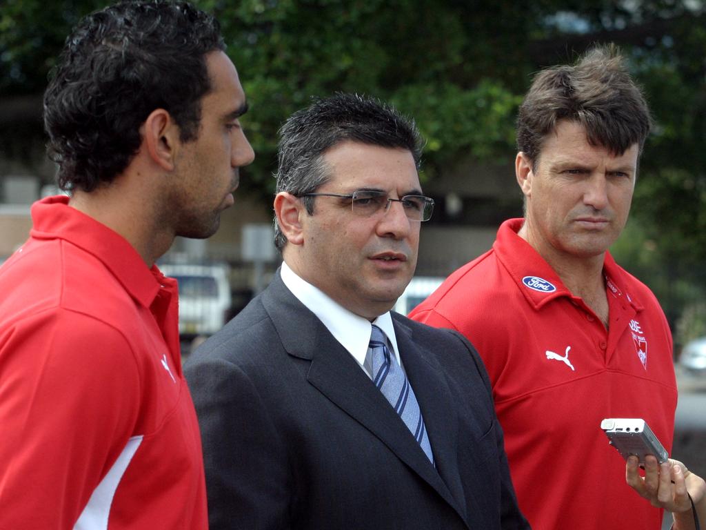 Andrew Demetriou, Paul Roos (R) and Adam Goodes in 2005. Picture: Dan Peled