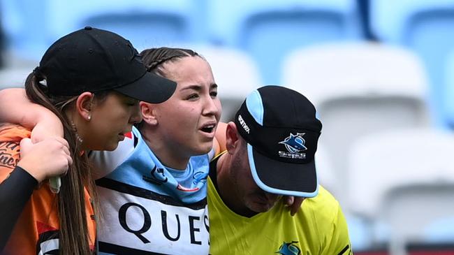 Cronulla Sharks star Jada Taylor is taken from the field with an ACL injury suffered during their NRLW clash with the Parramatta Eels. Picture: NRL Photos