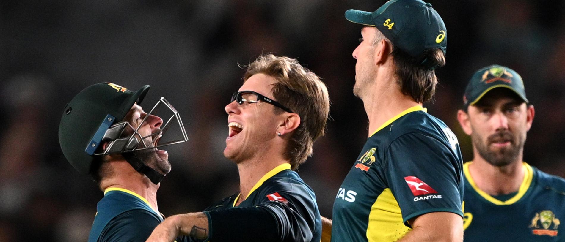 AUCKLAND, NEW ZEALAND - FEBRUARY 23: Adam Zampa of Australia celebrates the wicket of Adam Milne of the New Zealand Black Caps during the game two of Men's T20 International series between New Zealand and Australia at Eden Park on February 23, 2024 in Auckland, New Zealand. (Photo by Hannah Peters/Getty Images)