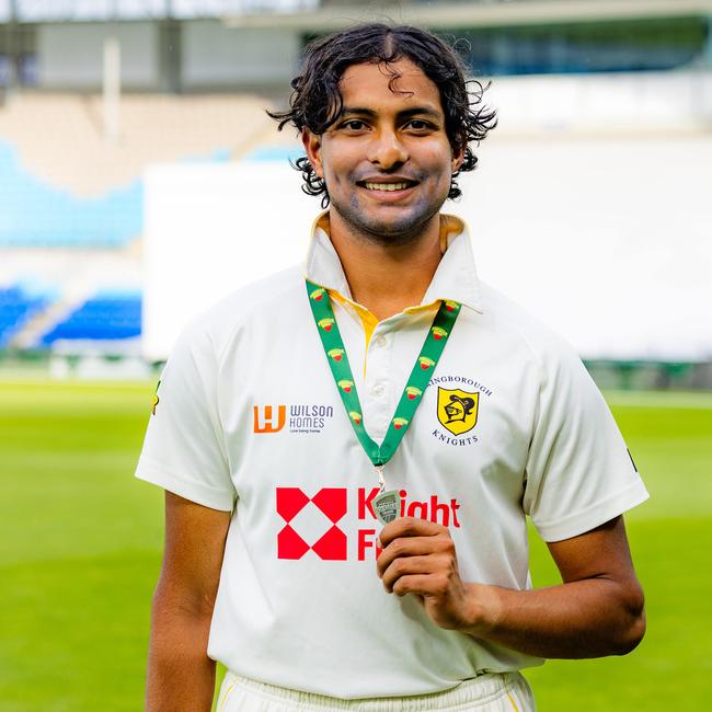 Cricket Tasmania Premier League Mens 3 day Grand Final. Sunday 24th March 2024. Player of the match Nivethan Radhakrishnan of Kingborough Knights. Picture: Linda Higginson/Cricket Tasmania