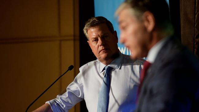 Queensland Opposition Leader Tim Nicholls listens to Katter's Australian Party State Leader Robbie Katter speak at the Townsville leaders forum. Picture: AAP Image/Tracey Nearmy