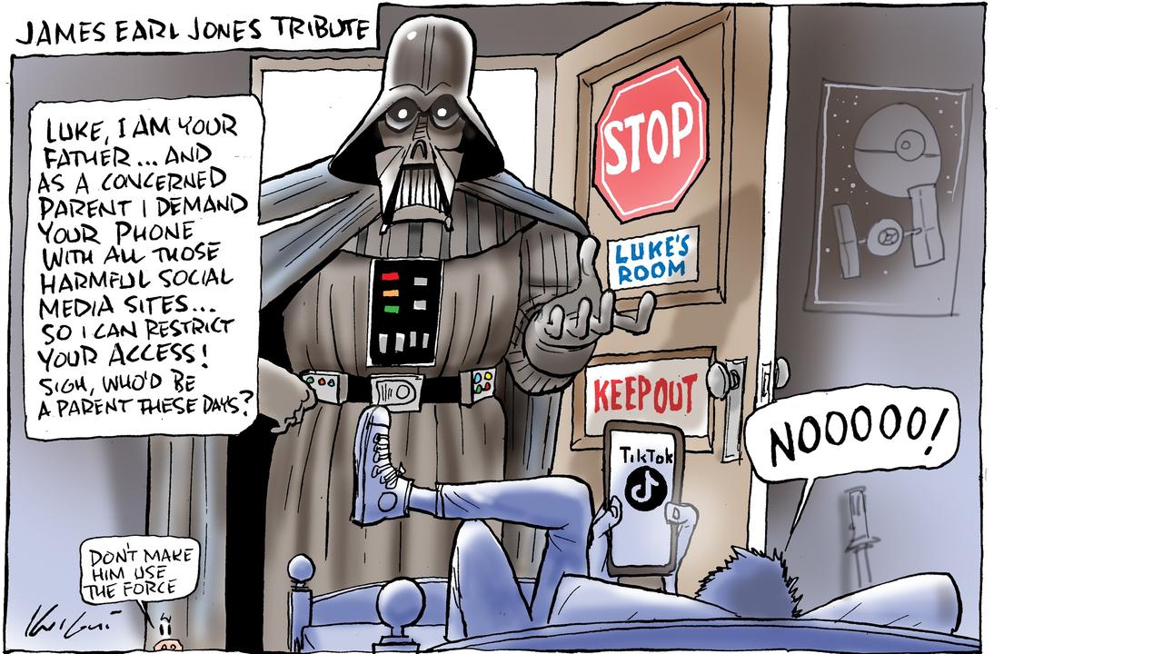 Mark Knight's "Luke, I am your father" cartoon is also a tribute to the late James Earl Jones, who voiced the Darth Vader character in the Star Wars films and died the same day Prime Minister Anthony Albanese announced the federal government would legislate the minimum age for social media in a bid to reduce harms to children. Picture: Mark Knight