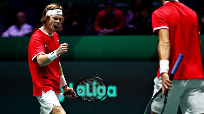 Andrey Rublev fires up at the 2019 Davis Cup in Madrid, Spain. Picture: Clive Brunskill/Getty Images