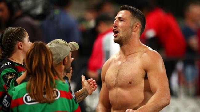 The Rabbitohs lock with fans after the match. (Photo by Cameron Spencer/Getty Images)