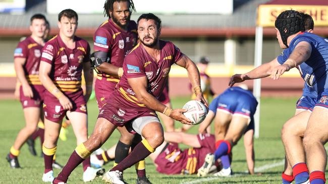 Suburbs' Jayden Connors looks to offload in the Far North Queensland Rugby League (FNQRL) match between Southern Suburbs and the Ivanhoe Knights, held at Alley Park, Gordonvale. Picture: Brendan Radke