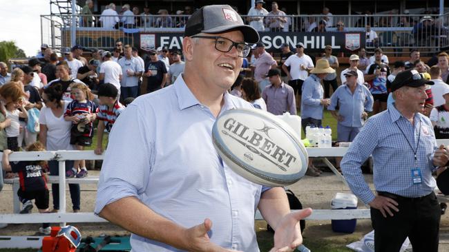 Scott Morrison in Sydney for the first round of the rugby Shute Shield. Picture: The Sunday Telegraph