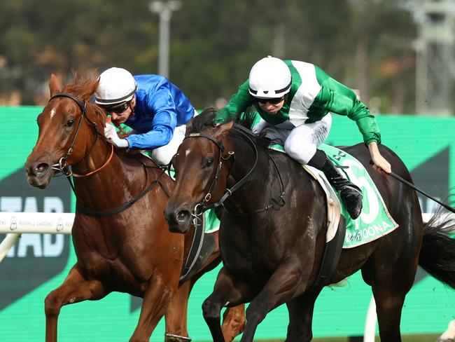 SYDNEY, AUSTRALIA - MARCH 22: Damian Lane riding Marhoona   win Race 8 TAB Golden Slipper during the "TAB Golden Slipper" - Sydney Racing at Rosehill Gardens on March 22, 2025 in Sydney, Australia. (Photo by Jeremy Ng/Getty Images)