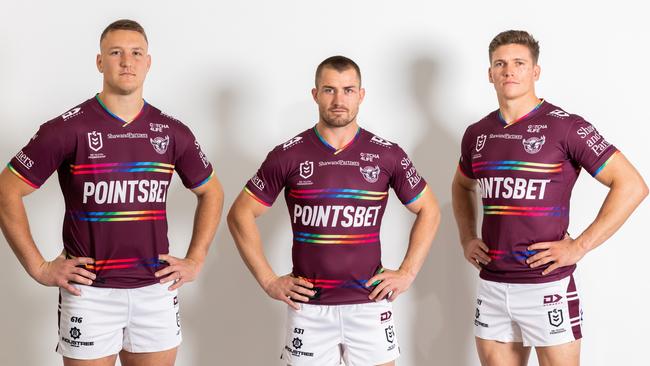 Manly’s Sean Keppie, Kieran Foran and Reuben Garrick in the Sea Eagles pride jersey. Picture: Manly Digital