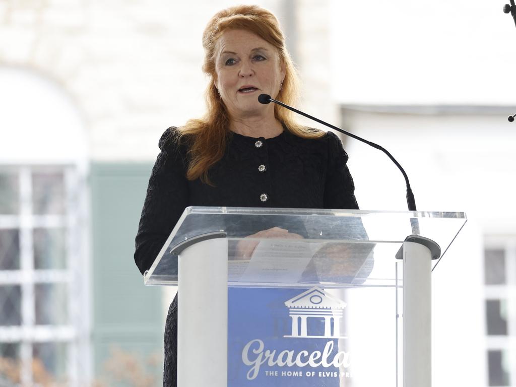 Sarah Ferguson, Duchess of York, speaks at the public memorial for Lisa Marie Presley in Memphis, Tennessee. Picture: Getty Images