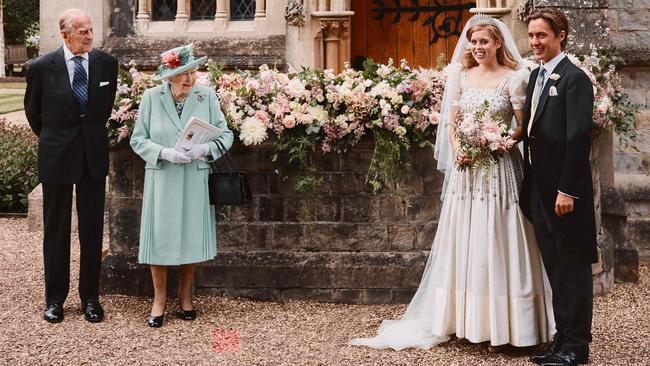 Princess Beatrice with her grandparents and husband on their wedding day. Picture: Benjamin Wheeler / Buckingham Palace / AFP