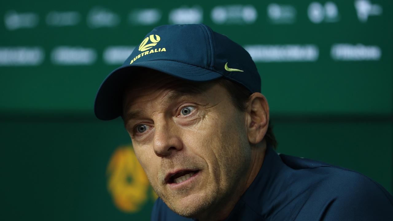 MELBOURNE, AUSTRALIA - JULY 13: Matildas head coach Tony Gustavsson speaks to the media during an Australia press conference at Marvel Stadium on July 13, 2023 in Melbourne, Australia. (Photo by Robert Cianflone/Getty Images)