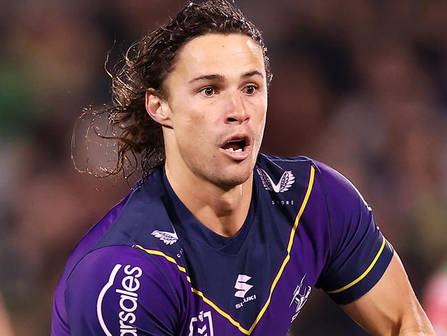 CANBERRA, AUSTRALIA - MAY 22: Nicho Hynes of the Storm passes during the round 11 NRL match between the Canberra Raiders and the Melbourne Storm at GIO Stadium, on May 22, 2021, in Canberra, Australia. (Photo by Mark Kolbe/Getty Images)