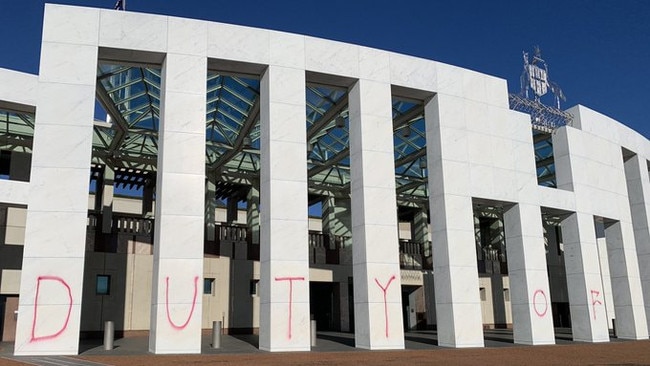 Extinction Rebellion climate protesters spray-painted Parliament House in Canberra on Tuesday. Picture: Twitter