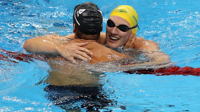 Mack Horton congratulates Italy's Gregorio Paltrinieri after he won the final of the Men's 1500m Freestyle.